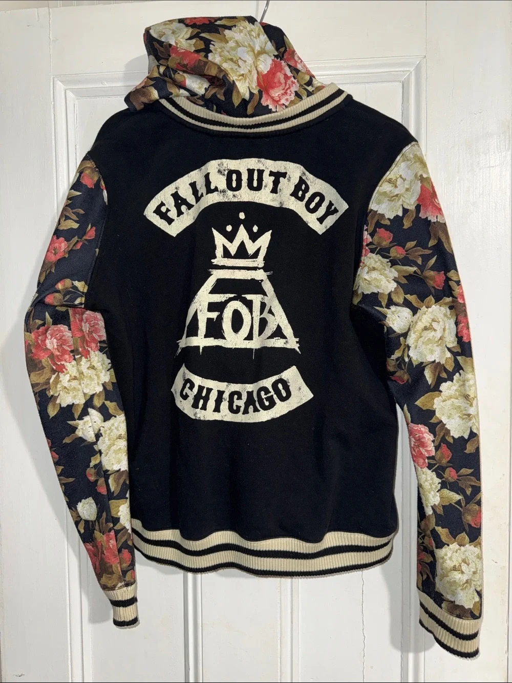 Rare Fall Out Boy Floral Sleeve Varsity Letterman Hooded Jacket Band Merch XL